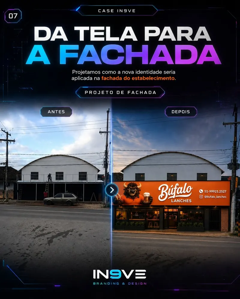 Bufalo Lanches, projeto de fachada antes e depois
