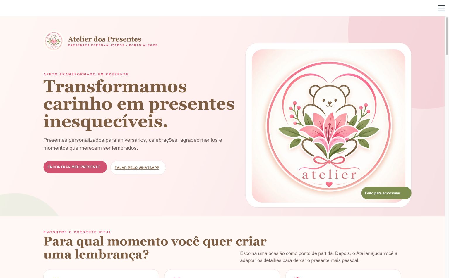Página inicial do catálogo digital Atelier dos Presentes desenvolvido pela IN9VE