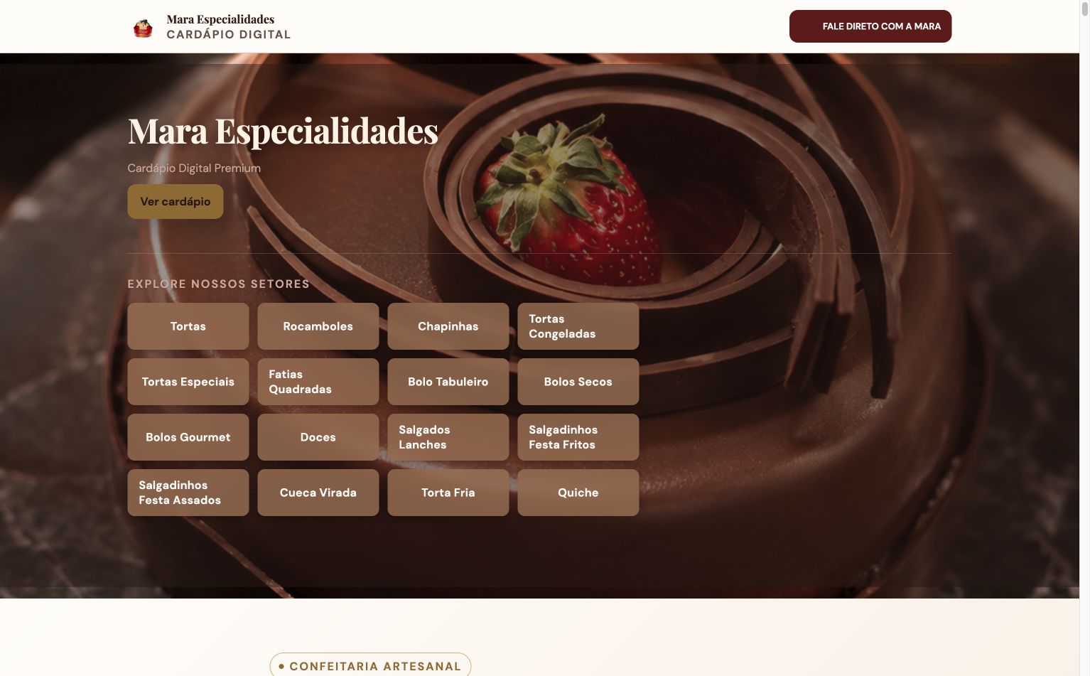 Cardápio digital interativo Mara Especialidades desenvolvido pela IN9VE
