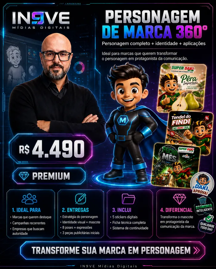 Personagem de Marca 360 graus, personagem completo, identidade e aplicacoes